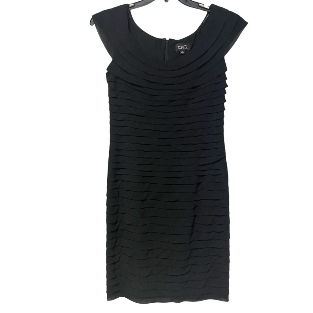 Adrianna Papell Black Tiered Ruffle Sheath Dress Cap Sleeve Size 10 Cocktail